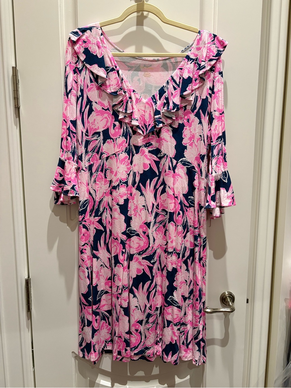 Lilly Pulitzer Pink Floral Ruffle Midi Dress on Navy